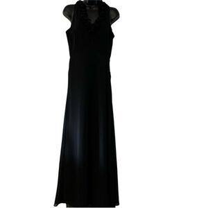 VTG 90s J S Edward Black Sleeveless V Neck Ruffle Maxi Ankle Fit Flare Dress 6 S